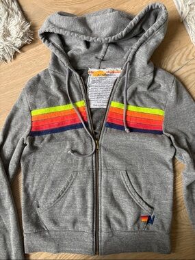 Aviator Nation Gray Zip Hoodie with Neon Rainbow Stripes